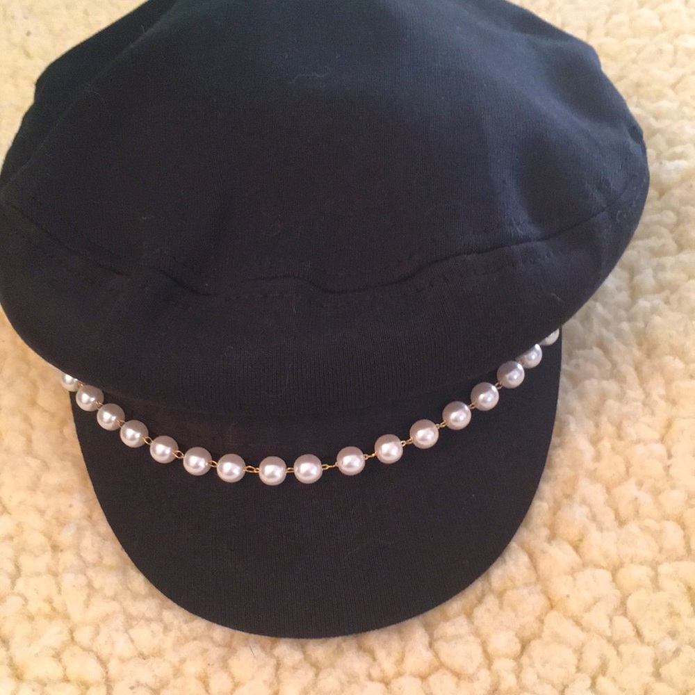 Hat, black with decorative faux pearls